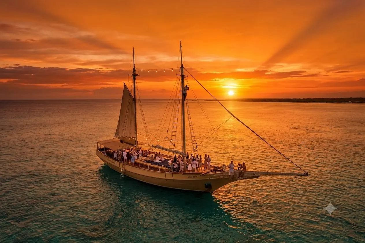 The schooner sailing under a dramatic orange sunset sky